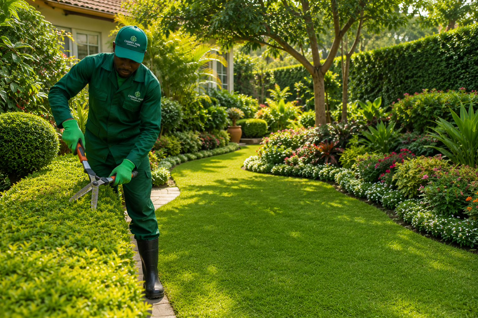 Cherry Park groundskeeper maintaining a garden lawn